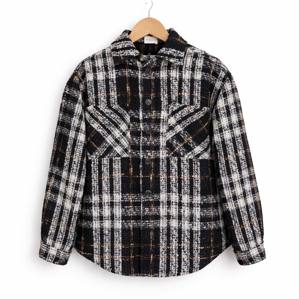 Charlie Luciano Black White Tweed Plaid Oversized Overshirt Button-Up M-L Unisex - Picture 3 of 9